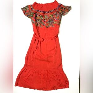 Gianni Bini Vibrant Red Embroidered Off the Shoulder Midi Dress Size Small